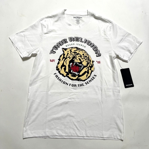 NWT TRUE RELIGION Tiger Print Crew Tee T-shirt White Size M Rhinestones Cotton - Picture 4 of 8